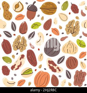 Nuts and seeds seamless pattern. Food ingredients for cooking illustration. Isolated colorful hand-drawn ingredients on white background. Vector illus Stock Vector