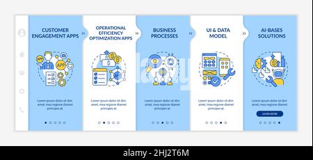 Apps to create with low code platforms blue and white onboarding template Stock Vector