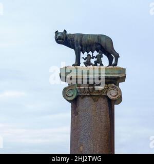 Bronze monument to the city's founder Romulus and Remus being suckled by Capitoline she-wolf, Capitoline Hill, Rome, Lazio, Italy Stock Photo