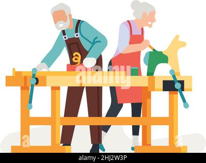 Seniors woodworking. Old people making wood toys. Elderly activity Stock Vector