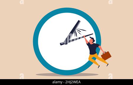 Alarm clock time management with fall man. Office overtime work and hand hold minute vector illustration concept. Business losing people and forward s Stock Vector