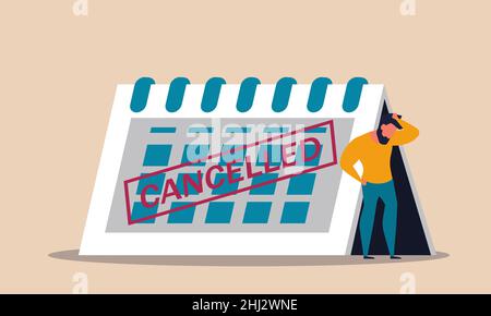 Postpone calendar event and meeting trip closed with canceled stamp. People schedule plan cancel vector illustration concept. Management business trav Stock Vector