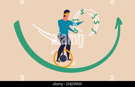 Blindfold unicycle on arrow business and blind difficulty challenge. Leadership insurance and skill vector illustration concept. Uncertainty rise and Stock Vector