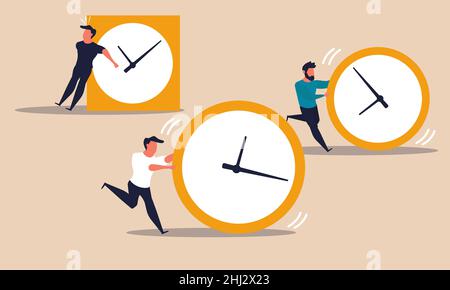 Skill time management people and planning strategy. Professional employee run with clock to success vector illustration concept. Business career chall Stock Vector