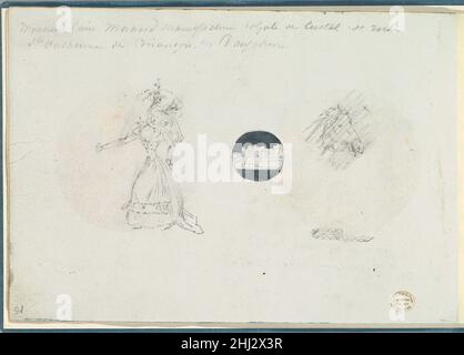 Sketches of a Woman in a Corseted Gown, a Castle, and a Horse's Head ca. 1785–90 Anonymous, French, 18th century French Graphite sketches of a woman in a corseted gown, a castle, a horse's head, and a ribbon (?) with a zigzag pattern. On the left is a sketch of a full-length woman facing left. She is wearing a corseted gown and large bonnet-style hat. To the right is a small circle with castle or cityscape set against a dark gouach background. To the right is a study of a horse's head, which has been scribbled over in graphite. Below is a small sketch of a ribbon (?) with a zigzag pattern, pos Stock Photo