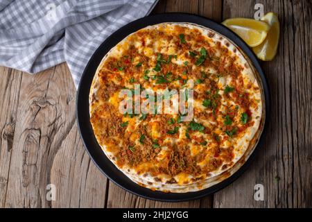 Turkish foods; Turkish pizza -Lahmacun Stock Photo