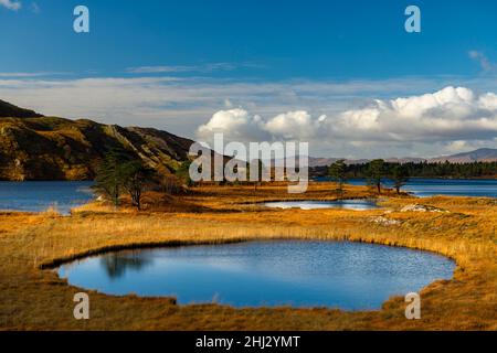 Lough Cloonee with cloudy sky in autumn landscape, Kenmare, County Kerry, Ireland Stock Photo