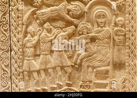 Altar of Ratchis, relief, Adoration of the Magi, Magi, Mother of God on the throne with Jesus, Museo Cristiano, Cividale del Friuli, Friuli Venezia Stock Photo