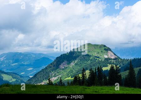 View of the mountains and the X-Press cable car over the bike paths, Saalbach-Hinterglemm, Alps, Austria