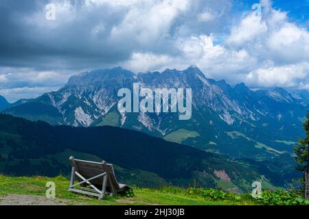View of the mountains and the X-Press cable car over the bike paths, Saalbach-Hinterglemm, Alps, Austria