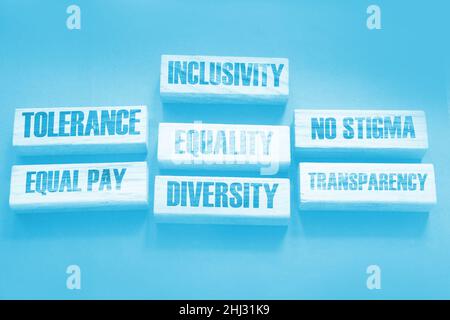 Inclusivity tolerance transparency equality diversity words on wooden blocks. Accepting others individuality concept, top view gray background Stock Photo