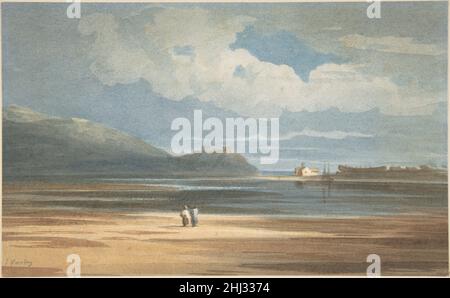 Harlech Castle across the Traeth Mawr 1800–42 John Varley British As a founding member of the Society of Painters in Water-Colours, Varley promoted the medium’s range and capabilities at the organization’s annual London exhibitions, while simultaneously influencing a generation of young artists as a teacher. In this scene of the Welsh coast at low tide, he uses broad, flat washes to delineate sand, water, and sky. Varley and John Cotman had developed this technique together as members of an informal sketching society beginning in 1802, and the motif of a clouded sky opening to reveal a patch o Stock Photo