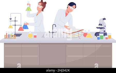 Students doing chemical experiment semi flat color vector characters Stock Vector