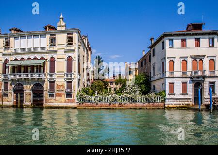 Garden and sculptures of Palazzo Cappello Malipiero Barnabo, Grand Canal with about 200 noble palaces from the 15th -19th c. largest waterway in Stock Photo