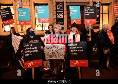 London, UK. January 26th 2022. Protest at London’s Science Museum as Indigenous peoples slam Adani sponsorship deal. Credit: Picture Capital/Alamy Live News Stock Photo