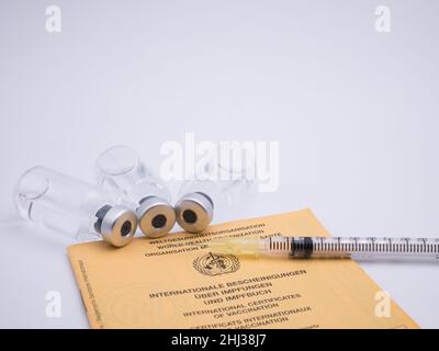 International vaccination certification with bottles of vaccine and syringe Stock Photo