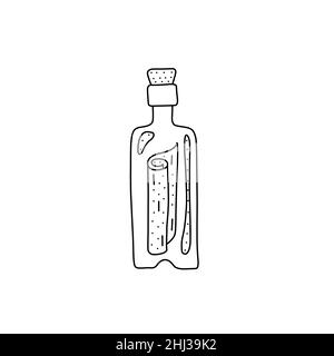 Hand drawn vector illustration of a bottle with message inside. Cute illustration of sportive bottle icon on a white background Stock Vector