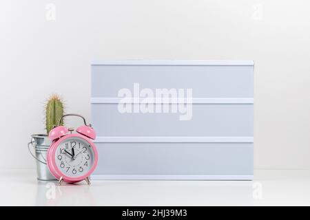 Green cactus, pink alarm clock and blank text lightbox on white background. Mockup concept. Stock Photo