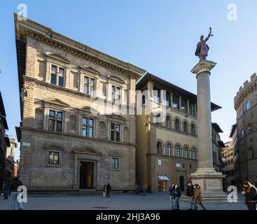 Florence Italy. January 2022.  view of the Justice column in the center of the Holy Trinity square in the city center Stock Photo