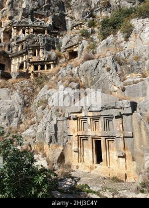 Lycian rock-cut tombs in Myra, Turkey. Ancient tombs in the rock, Lycian culture Stock Photo