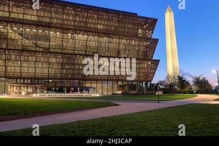 Washington, D.C. - October 13th, 2021: The Washington Monument and The Smithsonian's National Museum of African American History and Culture on the Na Stock Photo