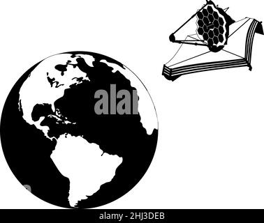 James Webb Space Telescope near Earth planet in black and white colors Isolated on white. Space telescope logo Stock Vector