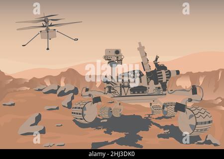 Mars rover curiosity and helicopter ingenuity on the Mars surface with rocks and sand and mountains on the background. Mars exploration concept. Vecto Stock Vector