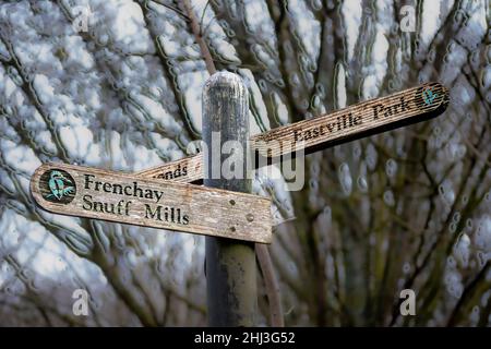River Frome walkway sign, Frenchay, Snuff Mills to Eastville Park, Bristol, England Stock Photo