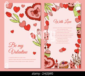 Two side Valentines day vertical greeting card with hand drawn elements. Vector illustration Stock Vector