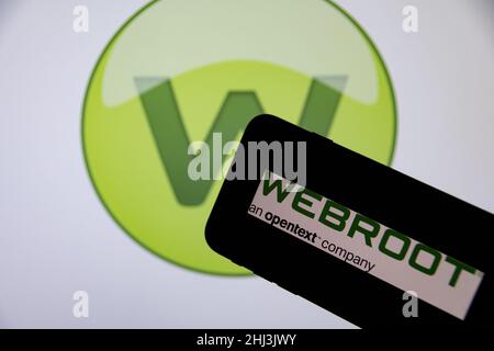 Rheinbach, Germany  14 November 2021,  The brand logo of the cybersecurity company "Webroot" on the display of a smartphone (focus on the brand logo) Stock Photo