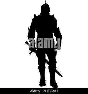 Medal or stamp of medieval warrior with sword,  bow and spears. The silhouette of an assassin who attacks the enemy Stock Photo