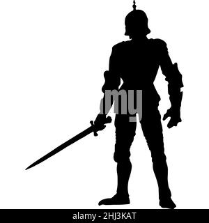 Medal or stamp of medieval warrior with sword,  bow and spears. The silhouette of an assassin who attacks the enemy Stock Photo