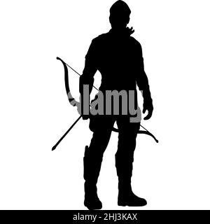 Medal or stamp of medieval warrior with sword,  bow and spears. The silhouette of an assassin who attacks the enemy Stock Photo