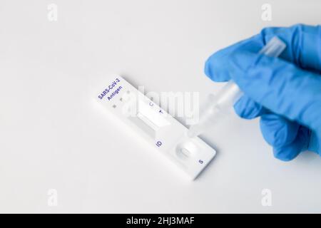 Man makes a covid-19 antigen pcr test macro. The test showed a positive result. Stock Photo