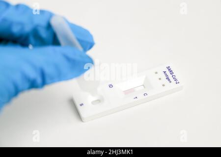 Man makes a covid-19 antigen pcr test macro. The test showed a positive result Stock Photo