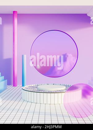 3d render of futuristic metaverse interior design of an apartment. Purple, blue and neon colors. Stock Photo