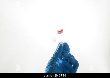 Lateral-Flow-Test covid rapid home- step 3 - squeeze and shake plastic tube Stock Photo