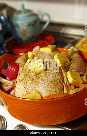 Turkey dinner preparation, thanksgiving setting meal for many people Stock Photo