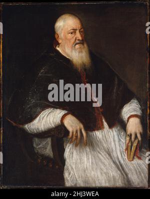 Filippo Archinto (born about 1500, died 1558), Archbishop of Milan mid-1550s Titian (Tiziano Vecellio) Italian The Milanese Filippo Archinto was a remarkable Catholic cleric who attended the Council of Trent and zealously fought against heresy. Titian painted him when Archinto served as papal nuncio in Venice. Soon afterwards, he was confirmed as Archbishop of Milan, but intrigue worthy of the theater kept him from taking up his role and he died in exile. Titian’s portrayal of him is subtle, capturing the power of the sitter’s personality and intelligence, and suggesting the textures of his wh Stock Photo