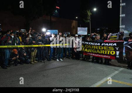 Tijuana, Baja California, Mexico. 26th Jan, 2022. Members of the press spoke in front of the offices of the nation's general prosecutor as part of a nation wide protest of the recent killings of reporter Lourdes Maldonado and photographer Margarito MartÃ-nez Esquivel. (Credit Image: © Raquel Natalicchio/ZUMA Press Wire) Credit: ZUMA Press, Inc./Alamy Live News Stock Photo