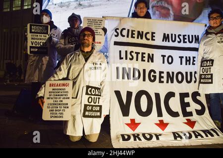 London, UK. 26th Jan, 2022. Demonstrators hold an anti- Adani banner and placards during the protest.Demonstrators gathered outside the Science Museum in South Kensington, London, in protest against the sponsorship of the museum's 'Energy Revolution' gallery by coal giant Adani, and in support of indigenous people's rights. Credit: SOPA Images Limited/Alamy Live News Stock Photo