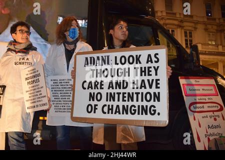 London, UK. 26th Jan, 2022. A demonstrator holds an anti- Adani placard during the protest.Demonstrators gathered outside the Science Museum in South Kensington, London, in protest against the sponsorship of the museum's 'Energy Revolution' gallery by coal giant Adani, and in support of indigenous people's rights. Credit: SOPA Images Limited/Alamy Live News Stock Photo