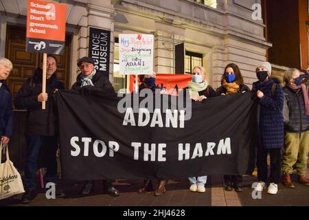 London, UK. 26th Jan, 2022. Demonstrators hold an 'Adani: Stop The Harm' banner during the protest.Demonstrators gathered outside the Science Museum in South Kensington, London, in protest against the sponsorship of the museum's 'Energy Revolution' gallery by coal giant Adani, and in support of indigenous people's rights. (Photo by Vuk Valcic/SOPA Images/Sipa USA) Credit: Sipa USA/Alamy Live News Stock Photo