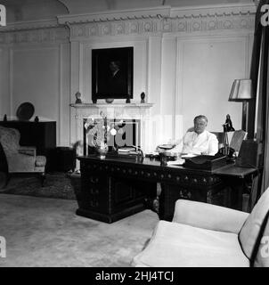 Cecil King, Chairman Daily Mirror Newspapers Ltd and Sunday Pictorial Newspapers Ltd, pictured at his desk, Geraldine House, London, 22nd June 1960. Stock Photo