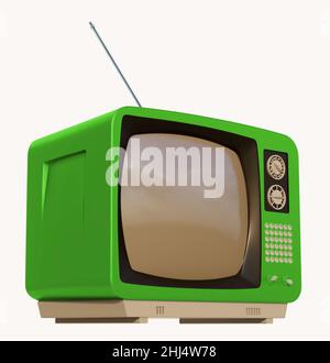 Television old vintage analogical green view isolated white background antenna illustration 3d image Stock Photo