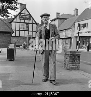 Villagers of Royston, Hertfordshire, are up in arms because of a rearrangement of county boundaries may cut them off from Hertfordshire and put them in the new county embracing Cambridgeshire, Huntingdonshire , the Isle of Ely and the Soke of Peterborough. This would mean an increase in rates as well as no longer being a North Hertfordshire town, which they have been for centuries.  83- year-old William Anderson seen in the town centre. 27th May 1960. Stock Photo