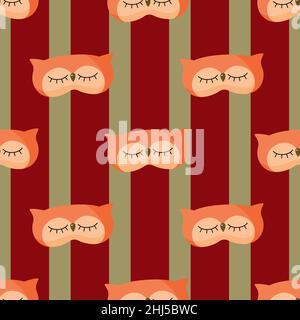 Owl orange color geometric seamless pattern on striped green and brown background. Children graphic design element for different purposes. Flat vector Stock Vector