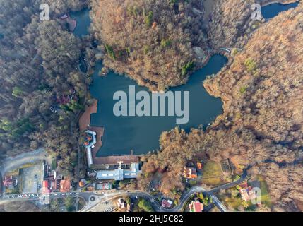 Aerial shot of the lake Ursu in Sovata resort in Romania Stock Photo