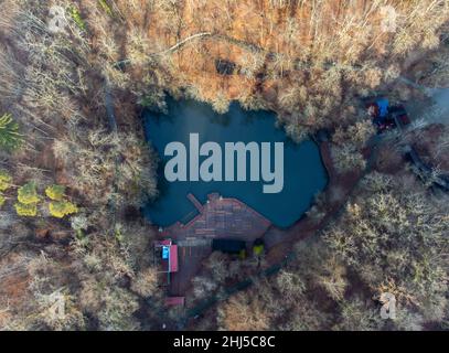 Aerial shot of the lake Alunis in Sovata resort in Romania Stock Photo