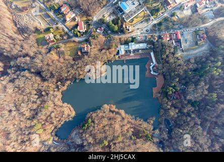 Aerial shot of the lake Ursu in Sovata resort in Romania Stock Photo